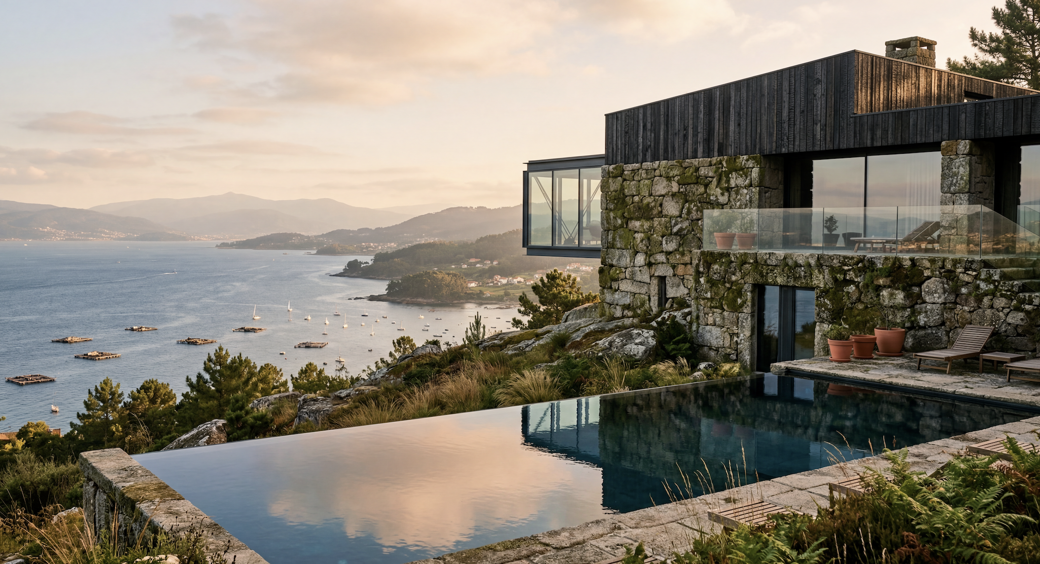 Contemporary luxury villa with infinity pool overlooking the Rías Baixas estuary at dusk — Abodego Real Estate Galicia private estate Vigo waterfront